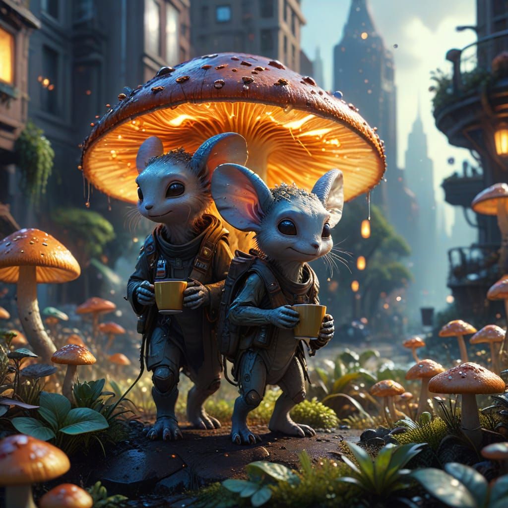 Alien City: Coffee-Drinking Creatures in Oil Painting