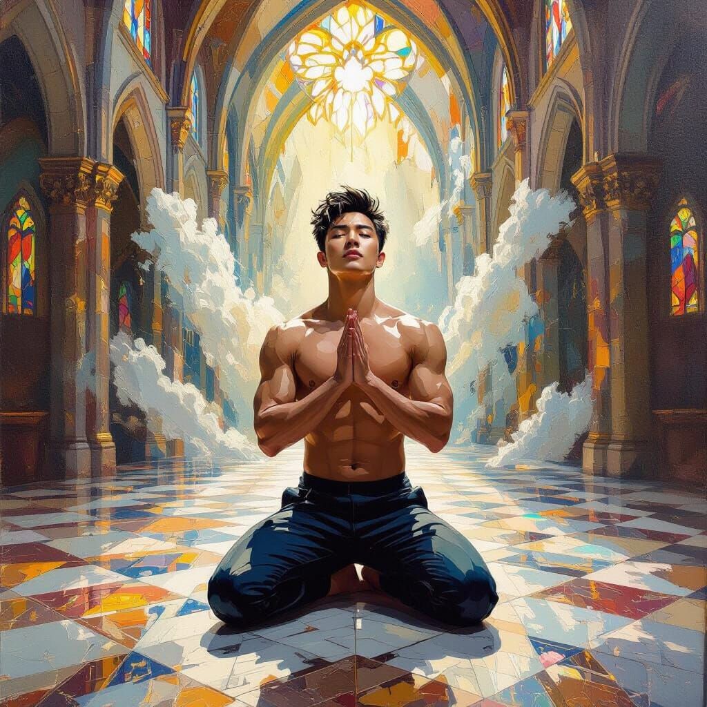 Gay Man Kneels in Sunlit Cathedral as Neo-Impressionist Pain...