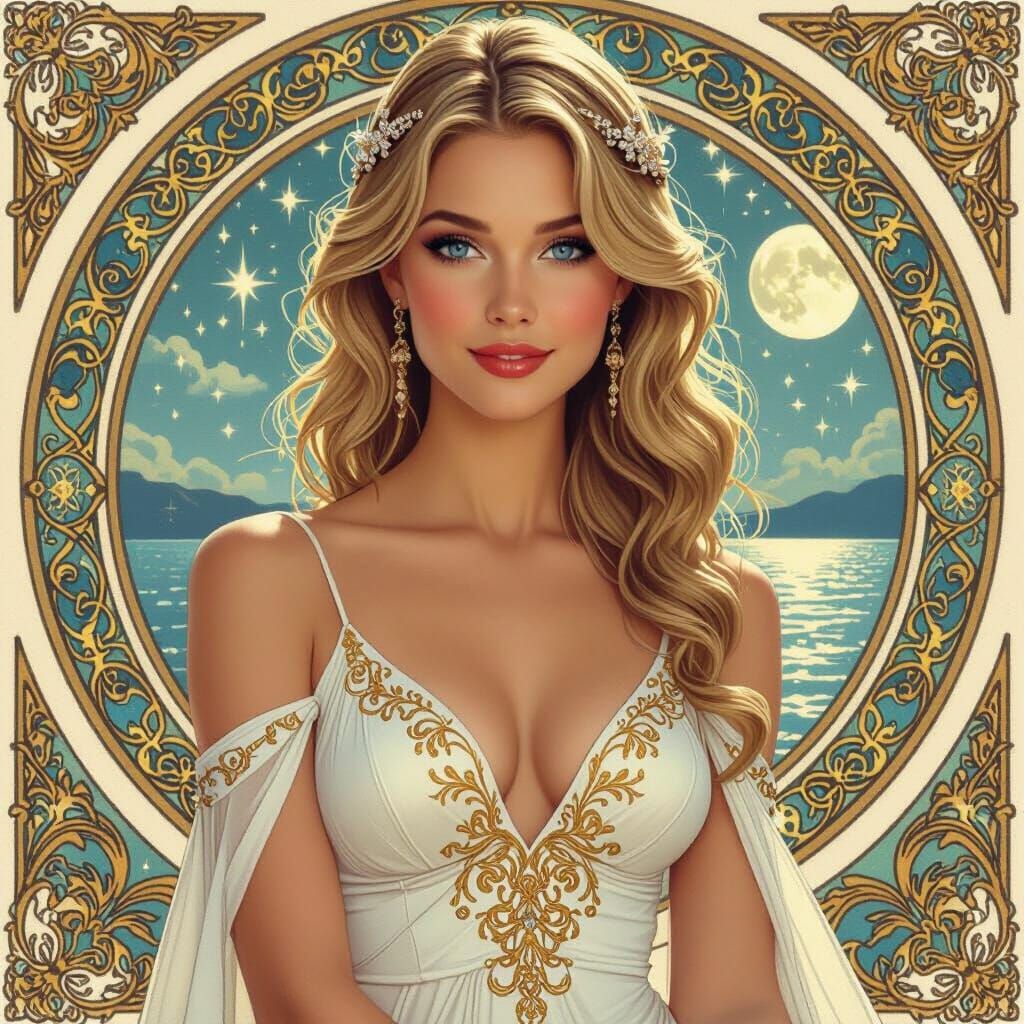Elegant Woman Overlooking Moonlit Bay in Art Nouveau Style