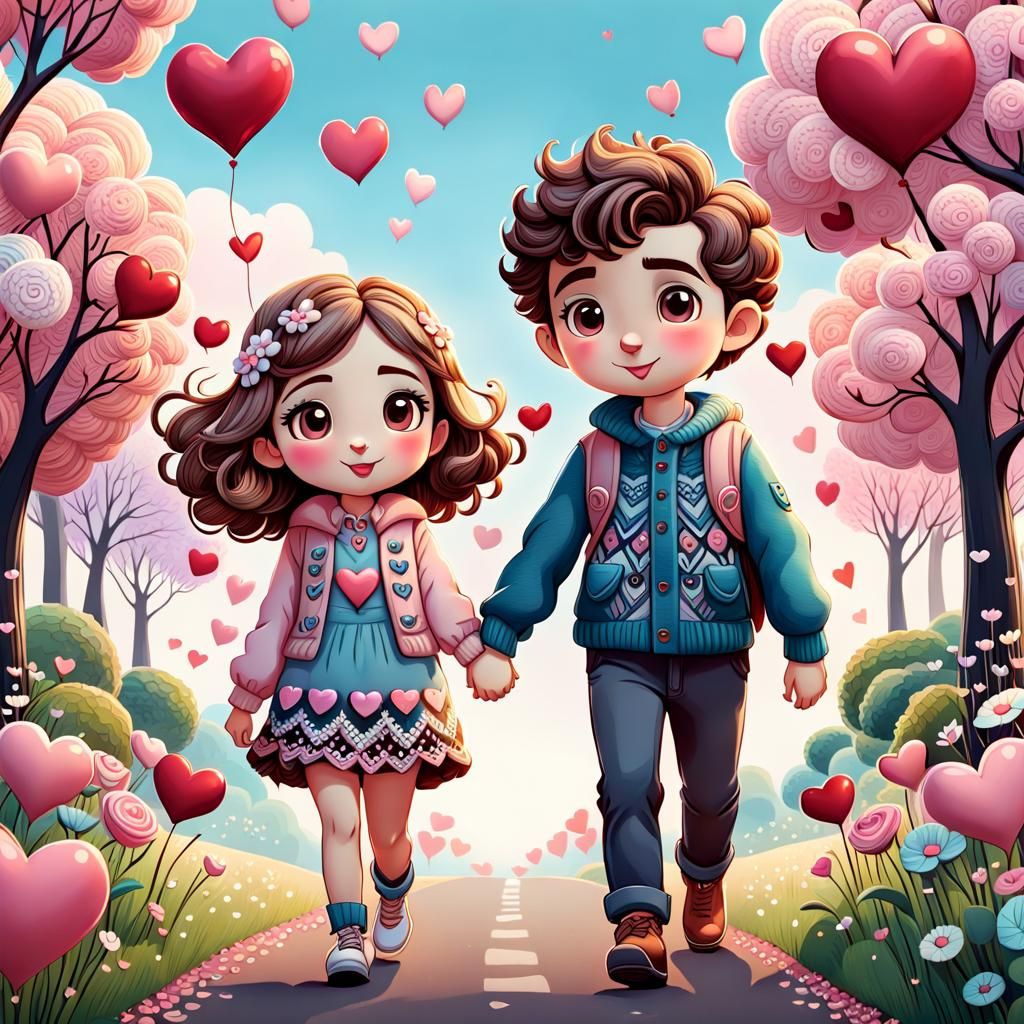 Cute Cartoon Couple Surrounded by Zentangle Hearts