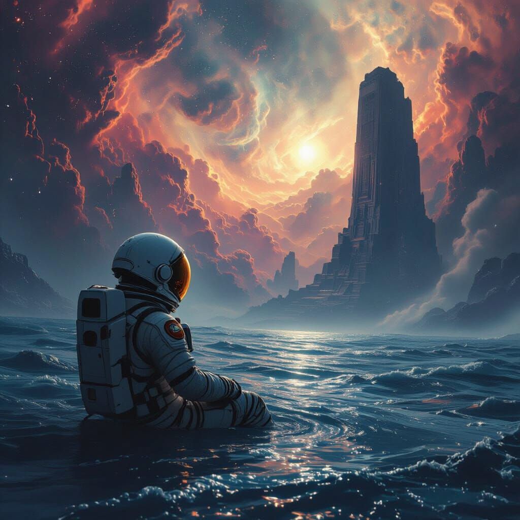 Astronaut Adrift in Cosmic Ocean with Ancient Structure