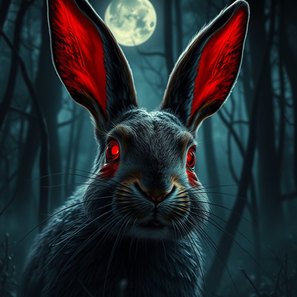 Menacing Red-Eyed Rabbit in Moonlit Forest Oil Painting