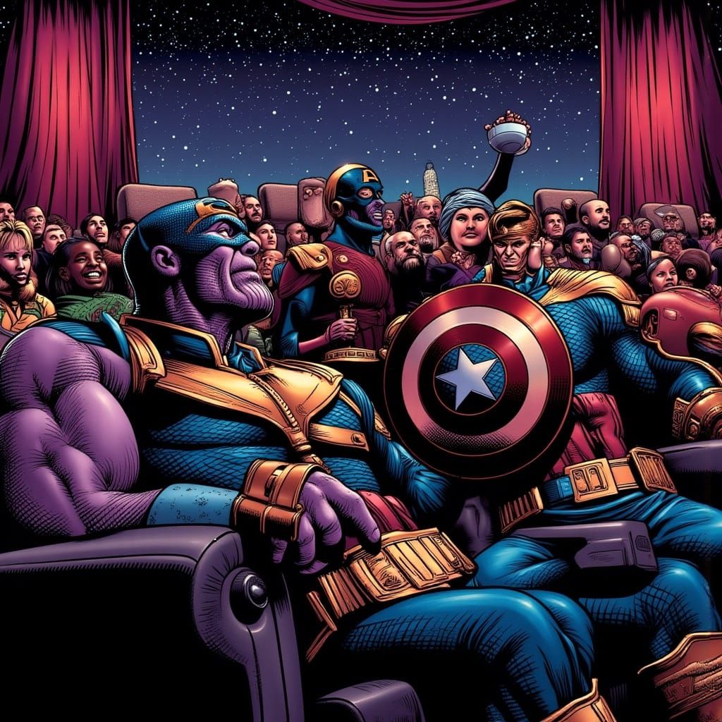Thanos and Captain America Enjoying a Movie, Comic Book Styl...