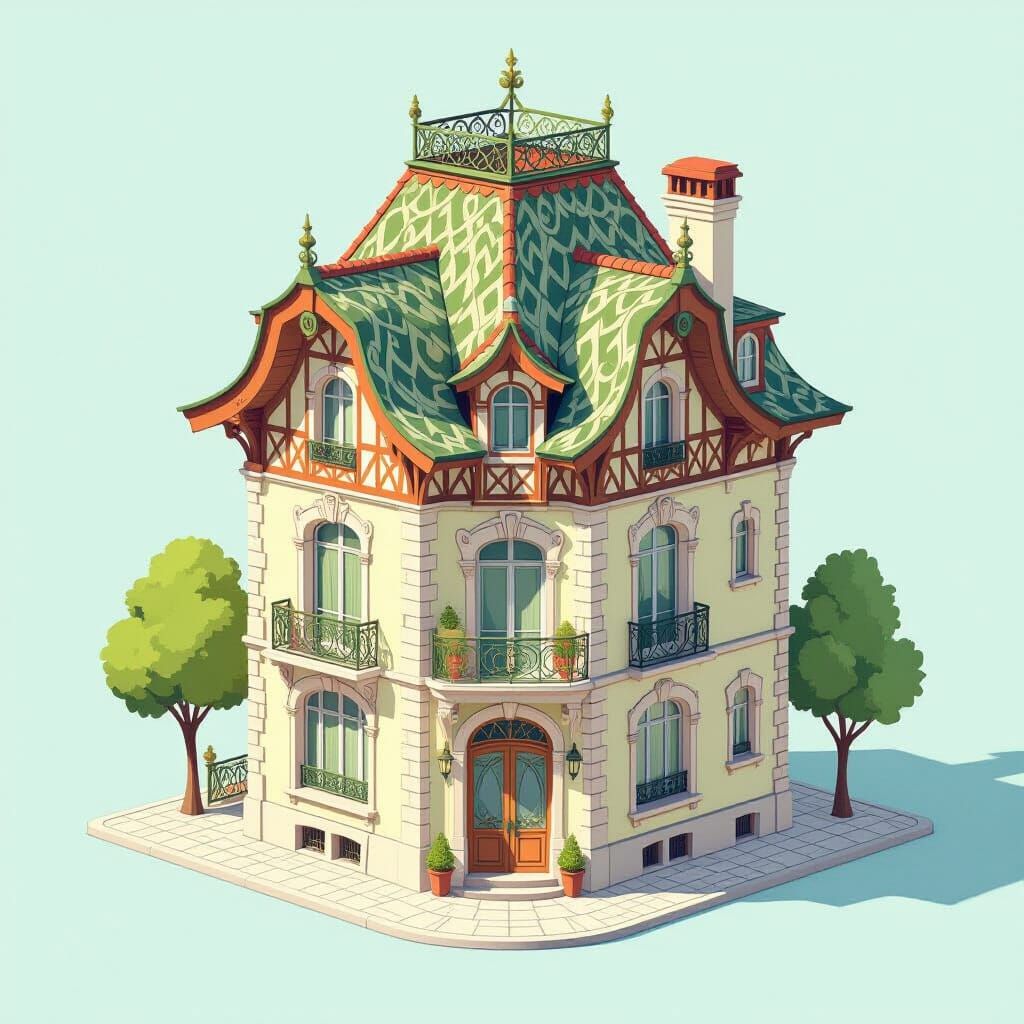 Whimsical Art Nouveau House in Axonometric Style