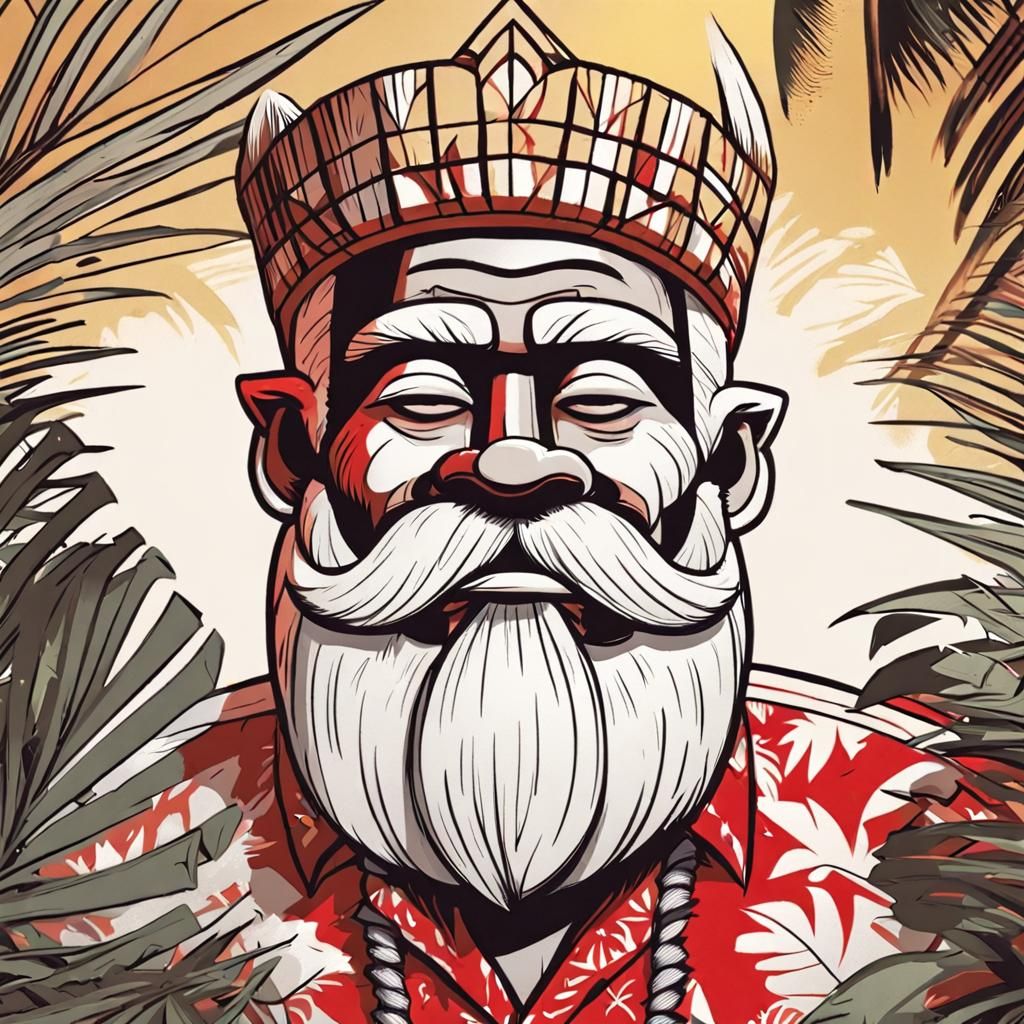 Whimsical Tropical Portrait of Tiki Santa in Mcbess Style