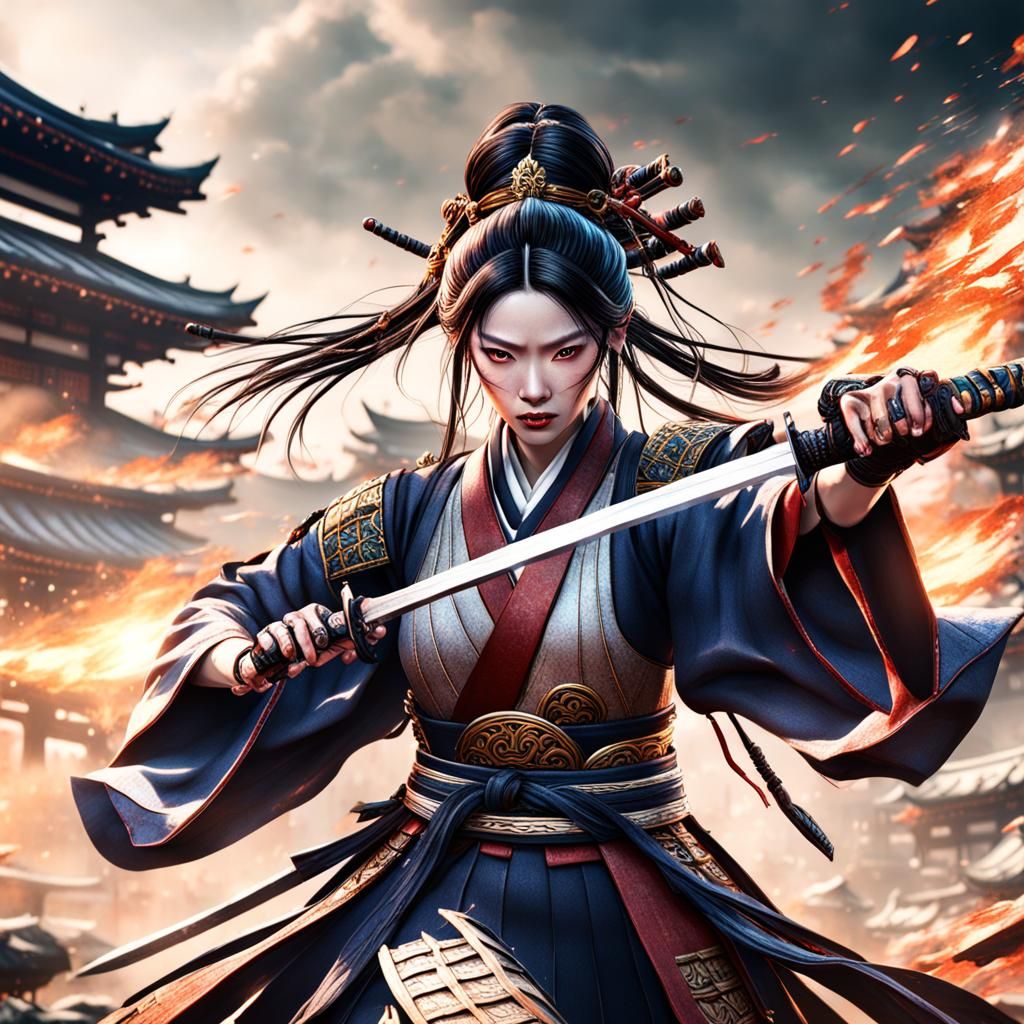 Japanese Princess Battles Samurai: Fantasy Concept Art