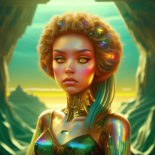 Chrome Robot Explores Alien Desert Under Binary Sunset