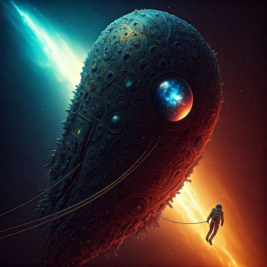 Astronaut Drifts Near Cosmic Sea Creature Spaceship