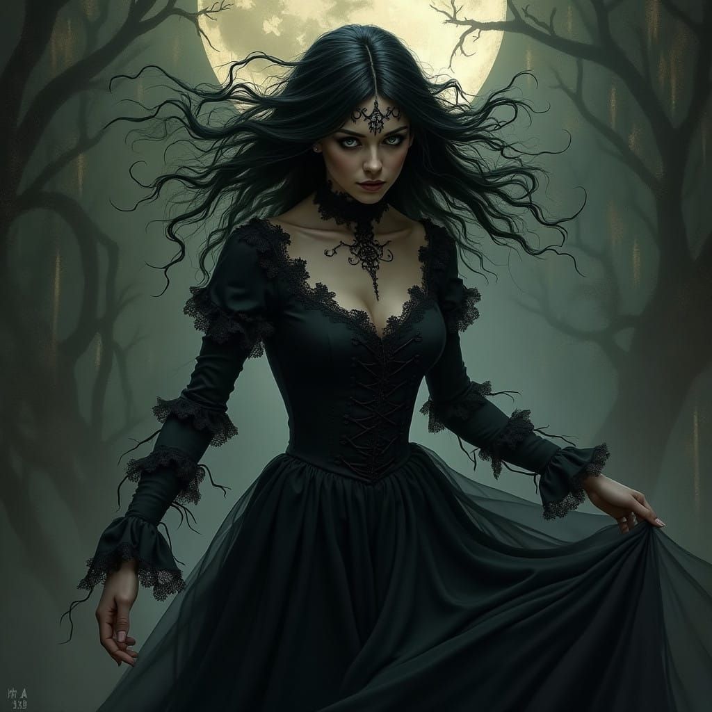 Ethereal Gothic Goddess in Mysterious Moonless Night