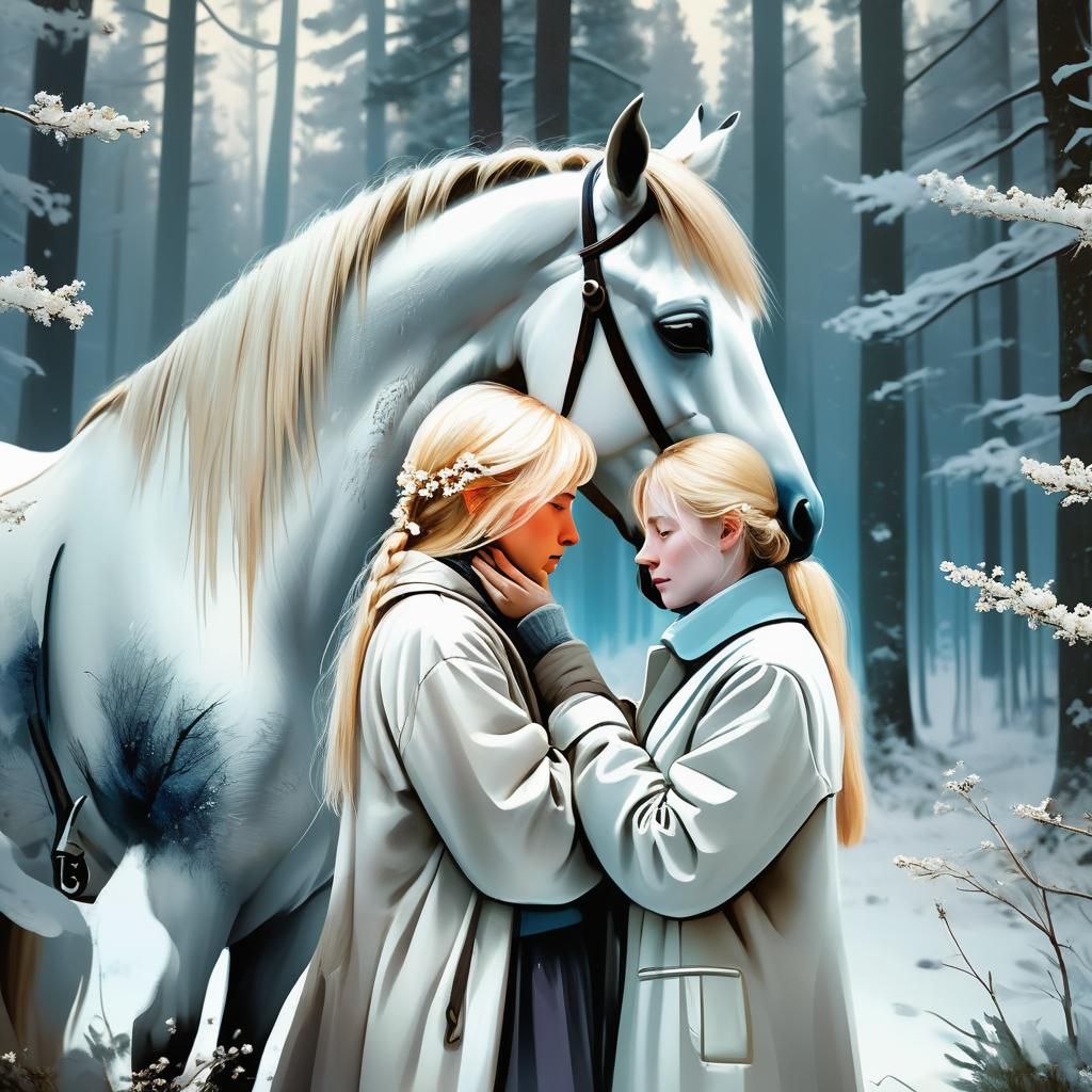 Ethereal Horse and Woman in Snowy Forest