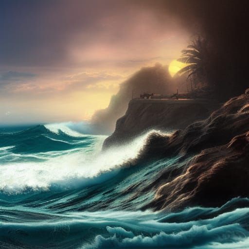 Sunrise Beach with Big Waves: Digital Matte Painting