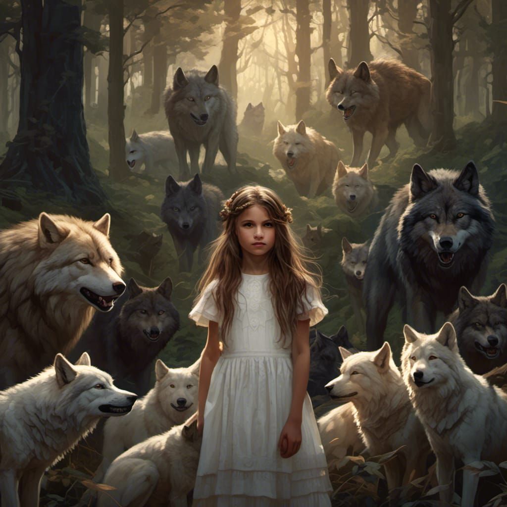 Little Girl and Wolves in Hyperreal Style