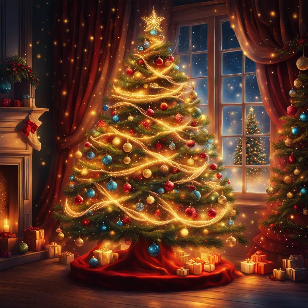 Magical Christmas Tree with Fairy Lights in Winter