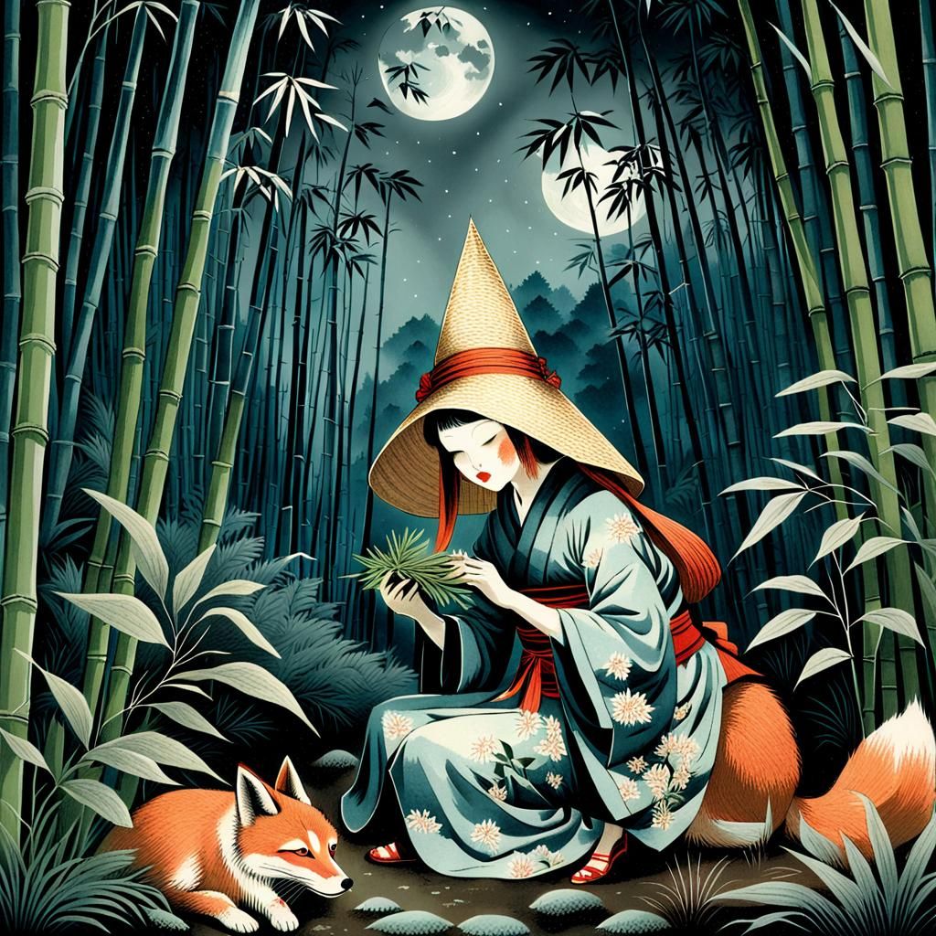 Kitsune Herb Gatherer in Ukiyo-e Style