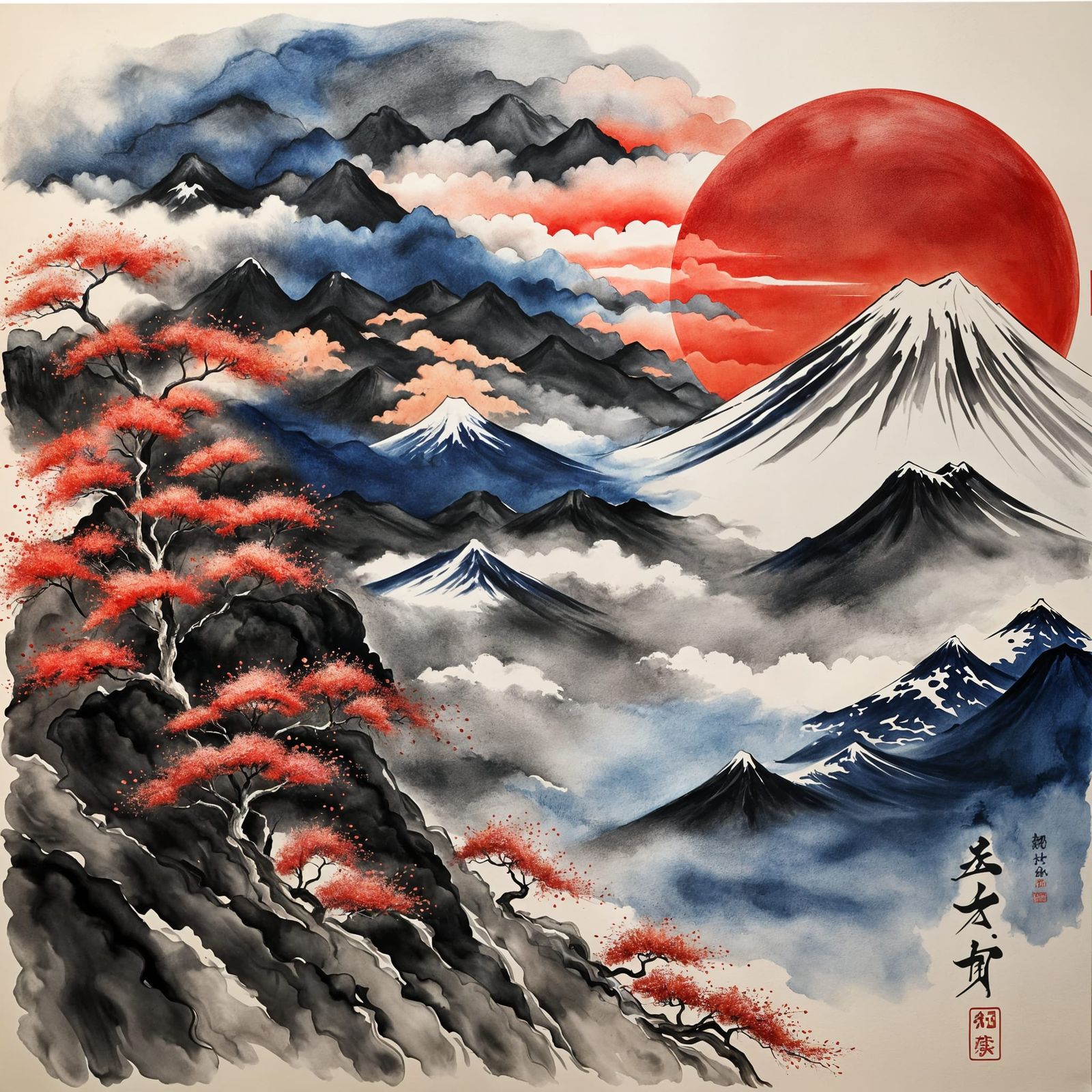 Japanese Rising Sun in Sumi-e Impasto Style
