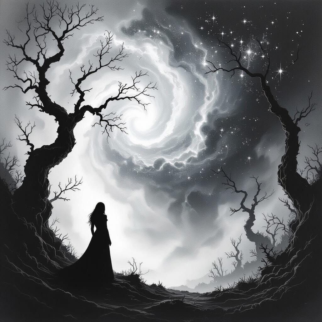 Woman in Spectral Forest Against Bioluminescent Nebula