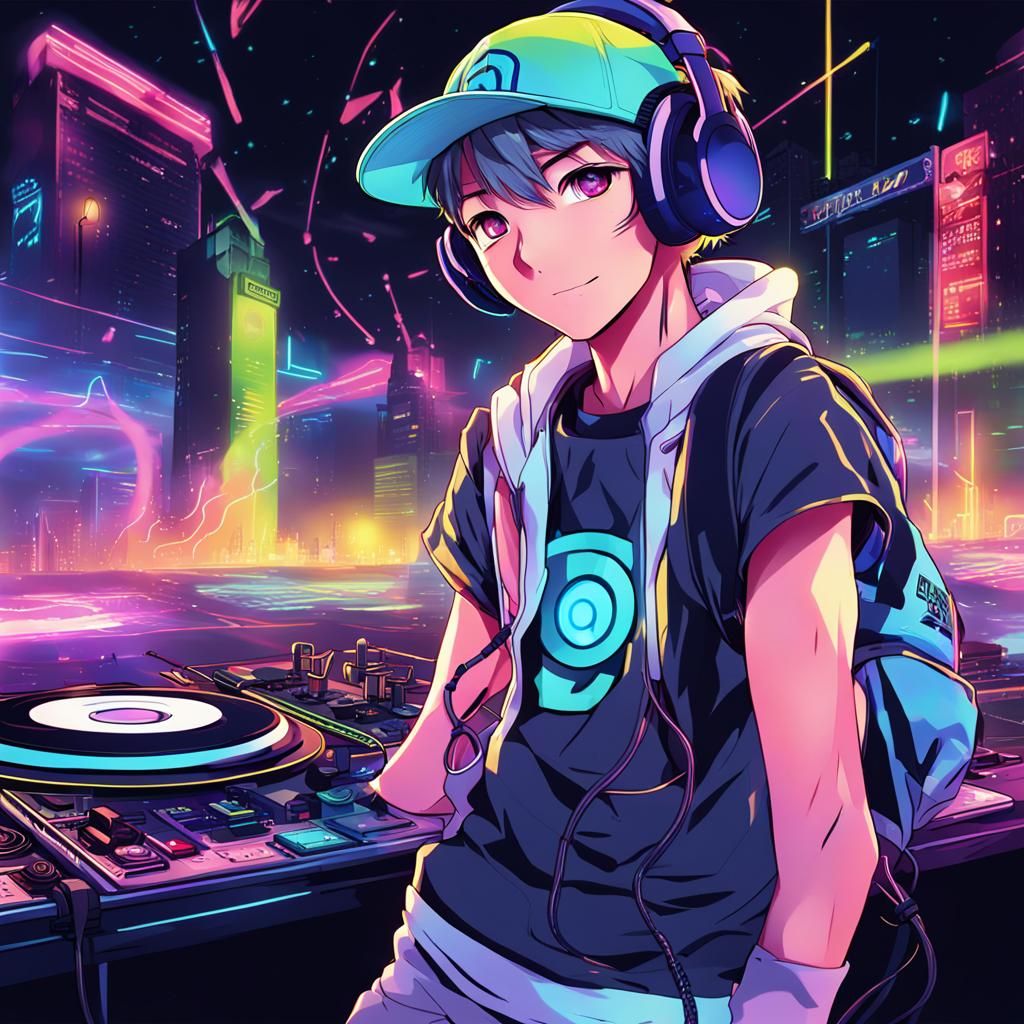 Teenage DJ in Anime-Style Neon Club