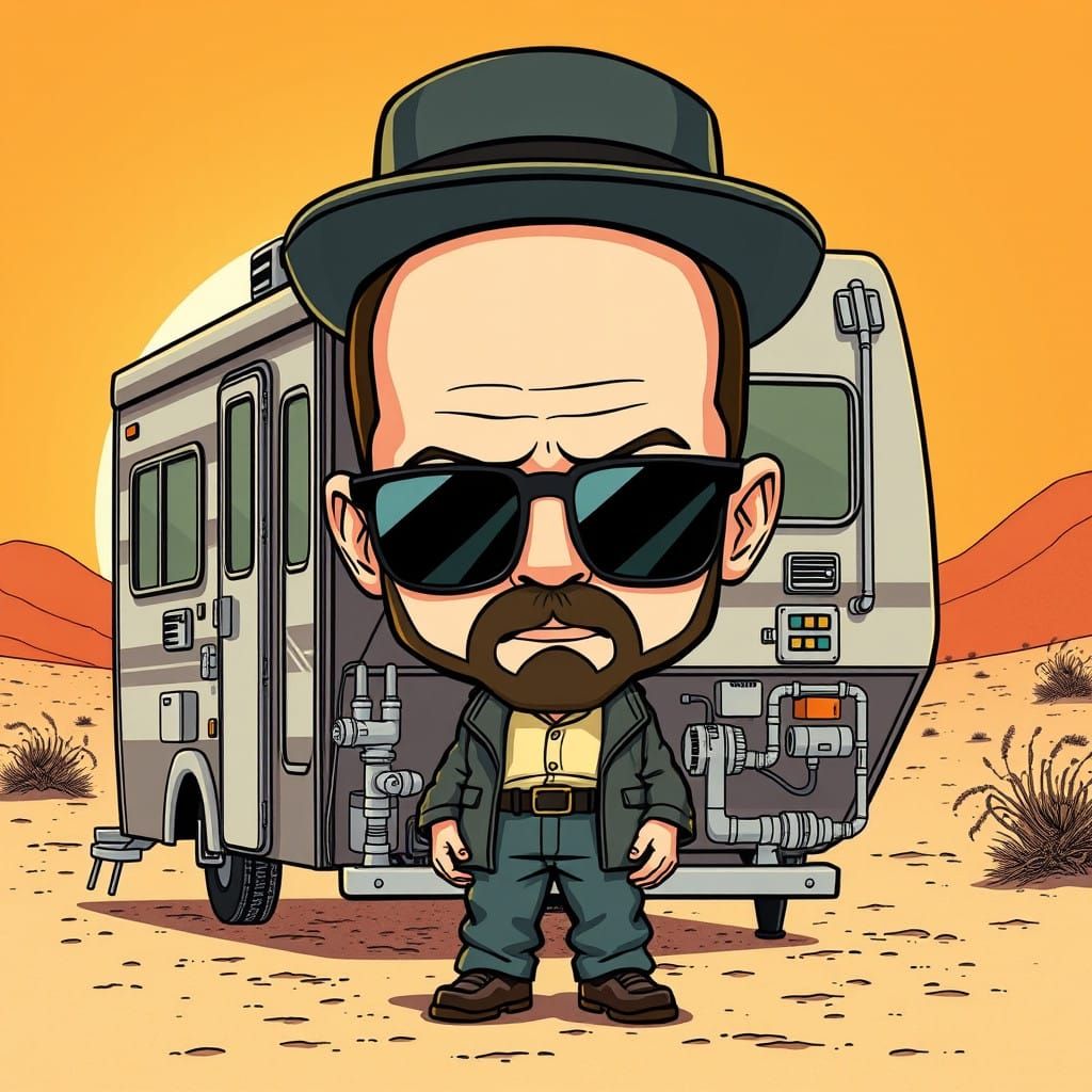 Walter White as a Vibrant Chibi Figure in Iconic Setting