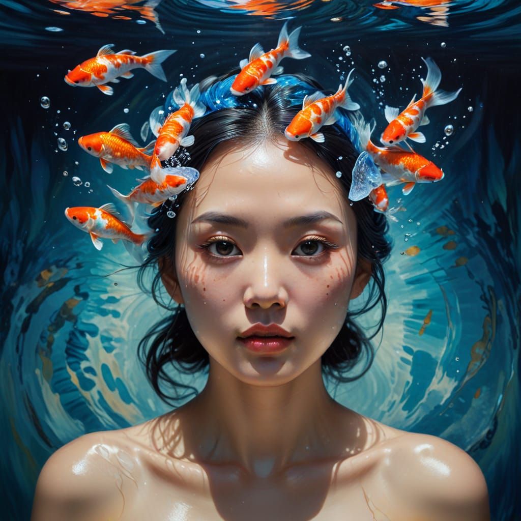 Surreal Japanese Woman with Koi Aquarium