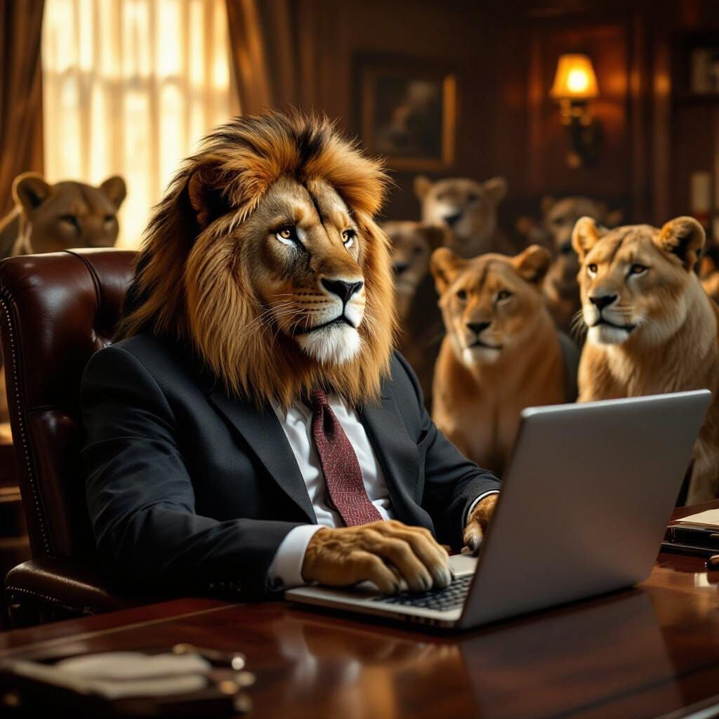 Lion CEO in Office, Cinematic Film Still