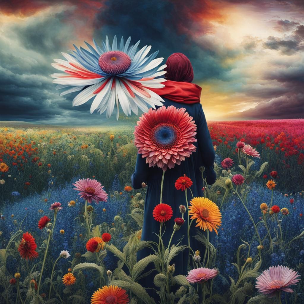 Woman in Flower Field: Surreal Magical Realism