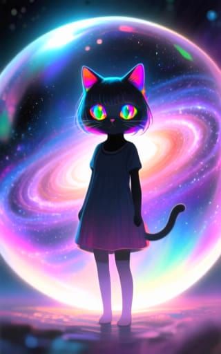 Cat Girl with Glitch Eyes in Galaxy Sphere