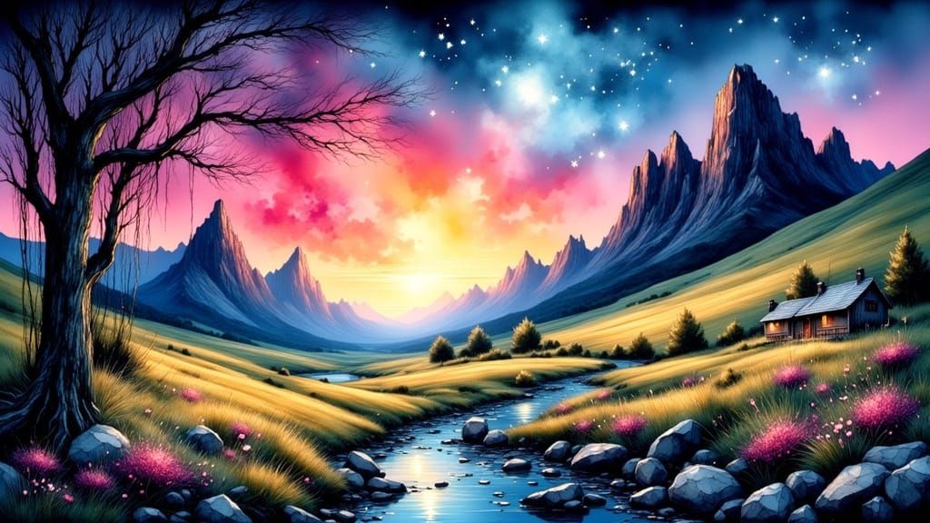 Ethereal Landscape in Chinese Ink Lithography Style