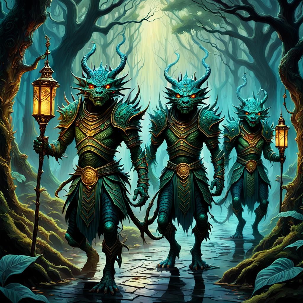 Lizardmen Warriors in Mystical Forest, Dark Fantasy Art