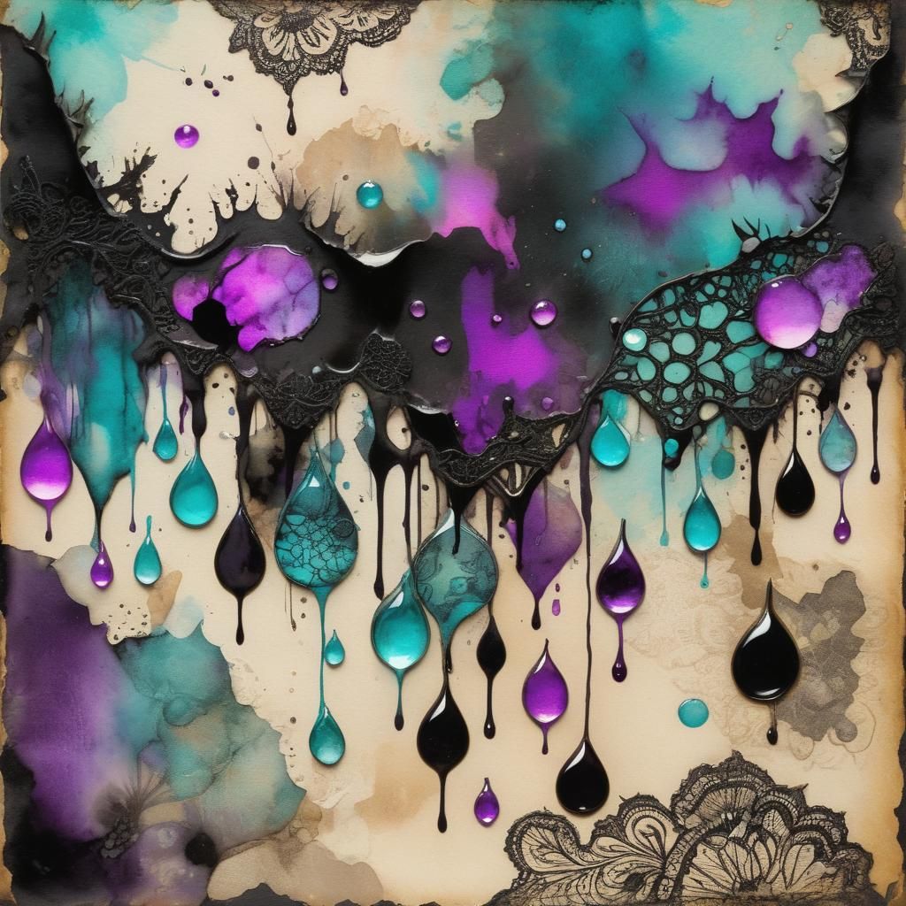 Antique Abstract Mixed Media with Ink Droplets