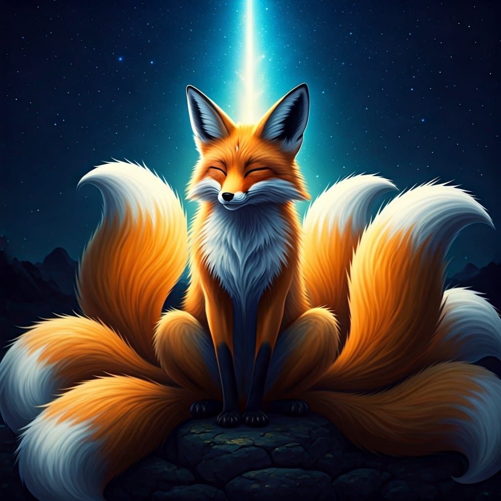 Enlightened Nine-Tailed Fox Under the Stars