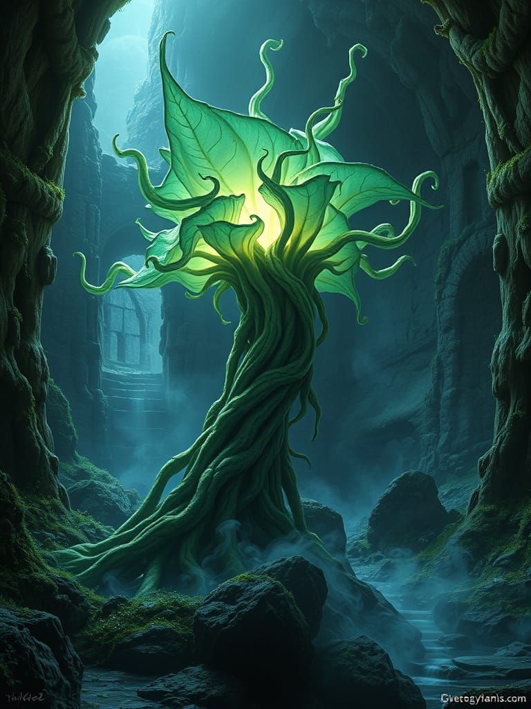 Bioluminescent Flora in Ancient Ruin