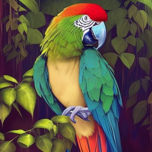 Blue Macaw Portrait in Hyperdetailed Jungle Art