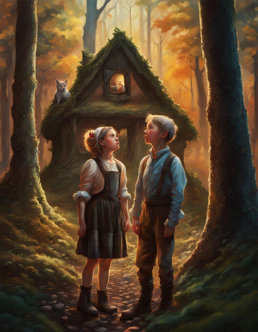 Hyperrealistic Hansel and Gretel in Colorful Woods