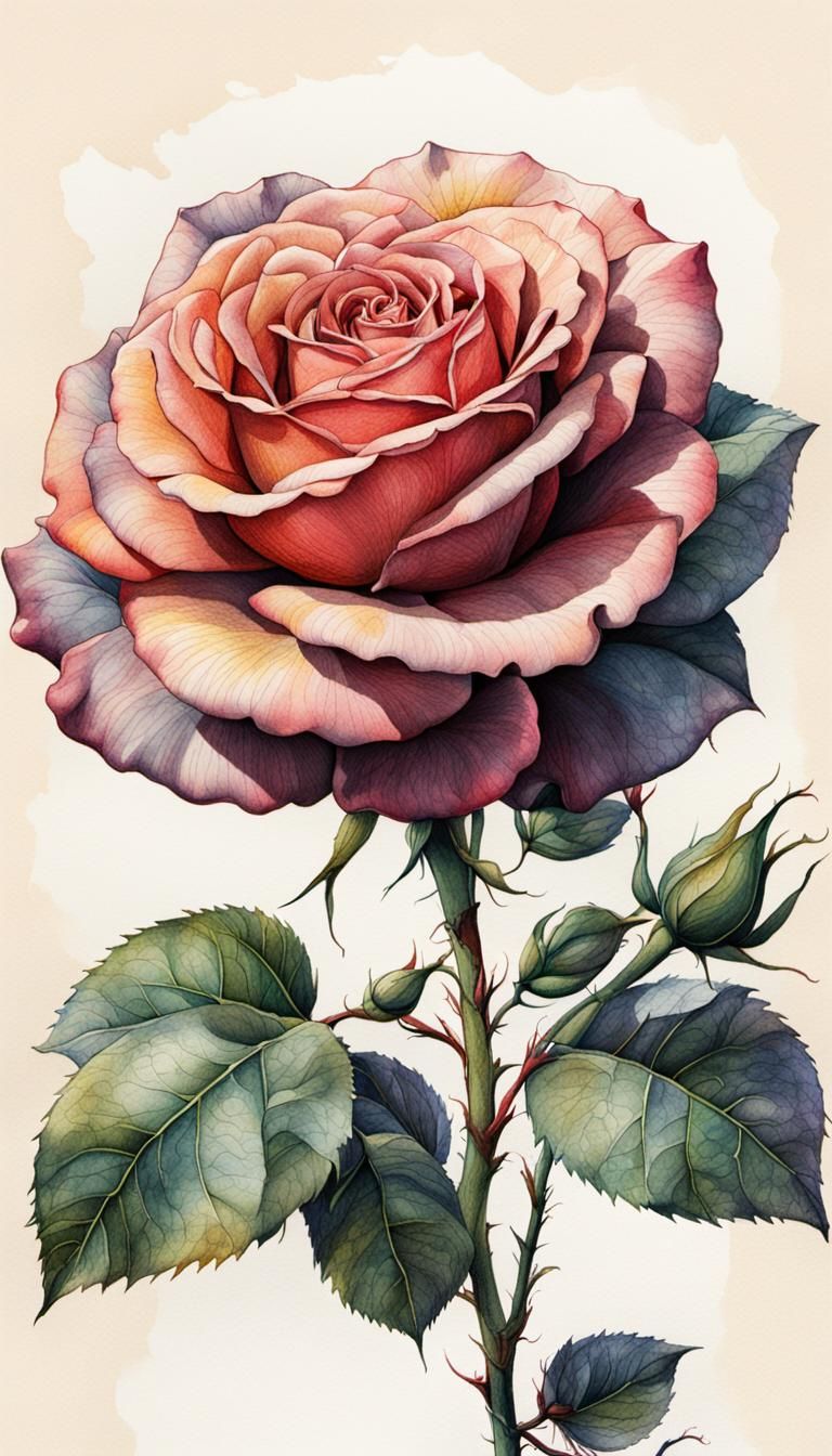 Detailed Rose Plant Botanical Illustration in Watercolor