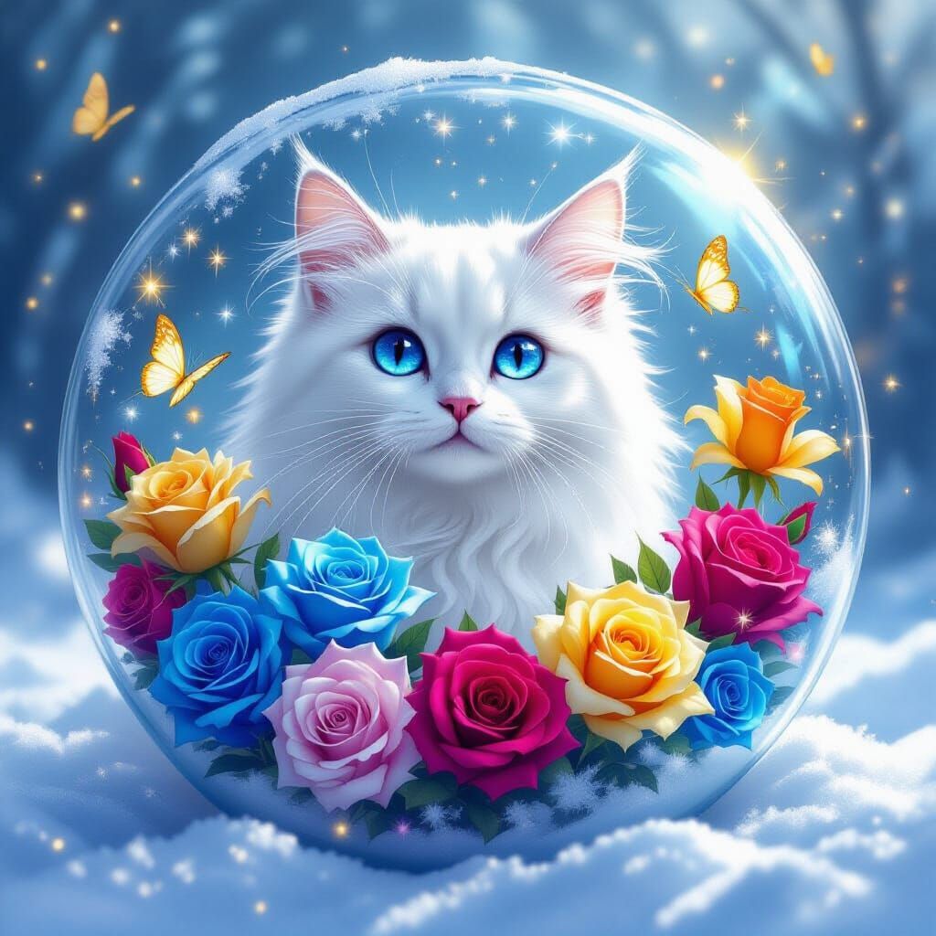 White Cat Gazes at Glowing Roses in Snowy Aquarium