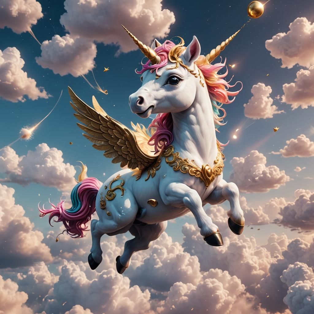 Adorable Baby Unicorn Flying in Fantasy Sky