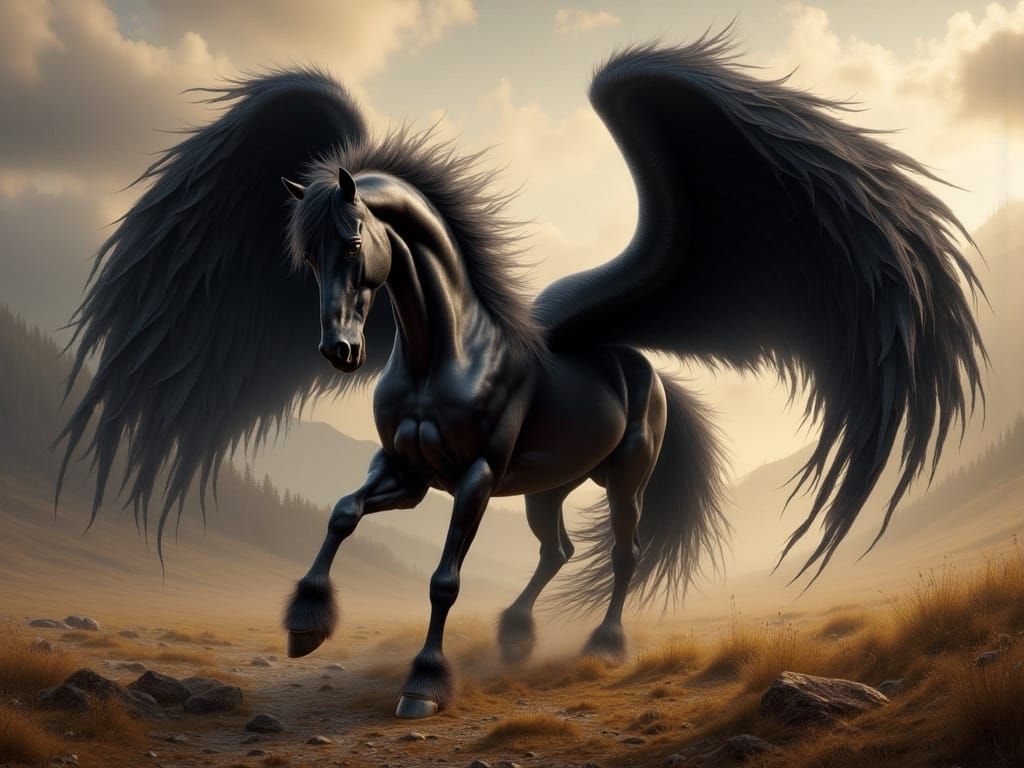 Majestic Black Horse with Giant Feathery Wings in Dark Fanta...