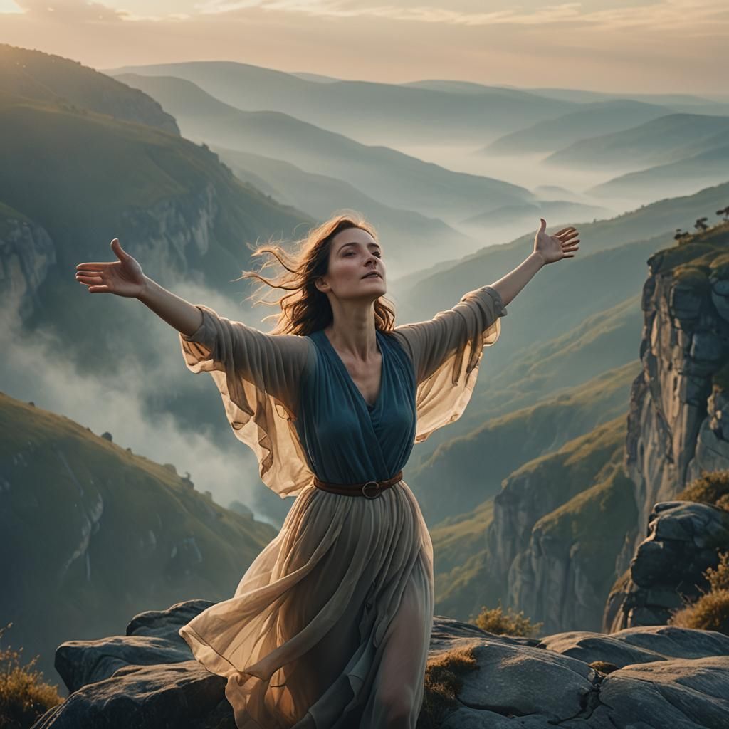 Woman on Cliff at Golden Hour: Cinematic Still