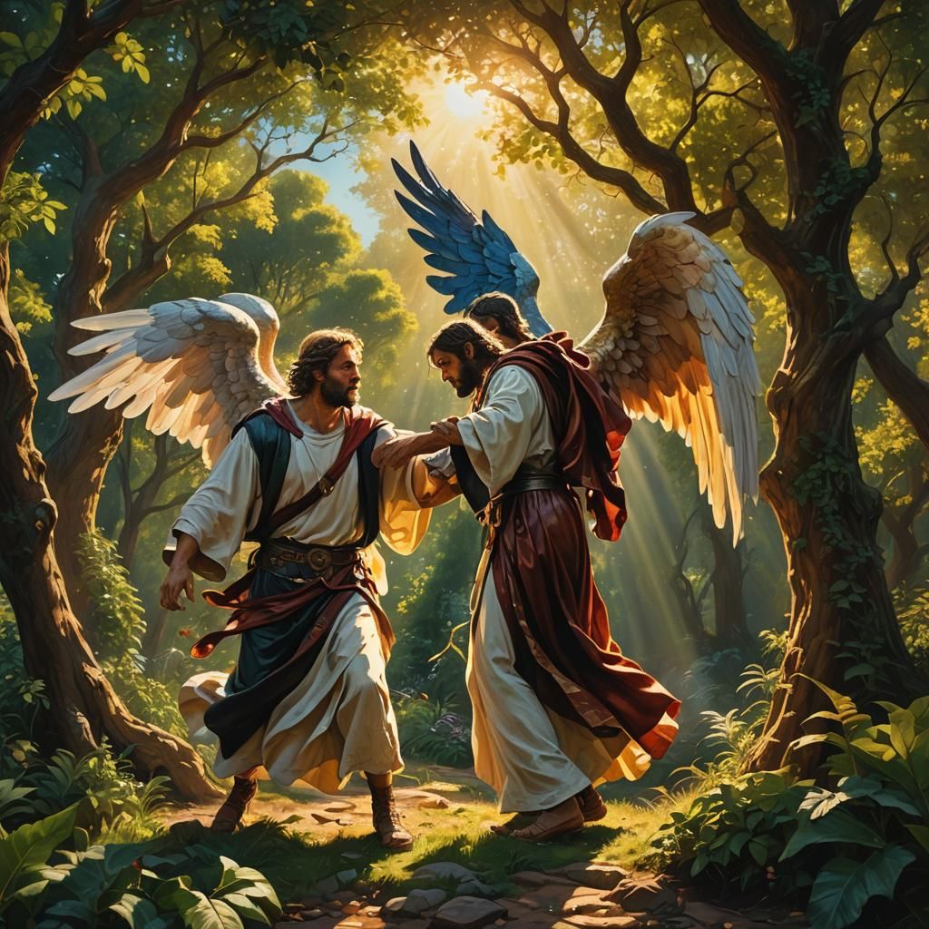 Angel Wrestles Jacob in Vibrant Oil Painting