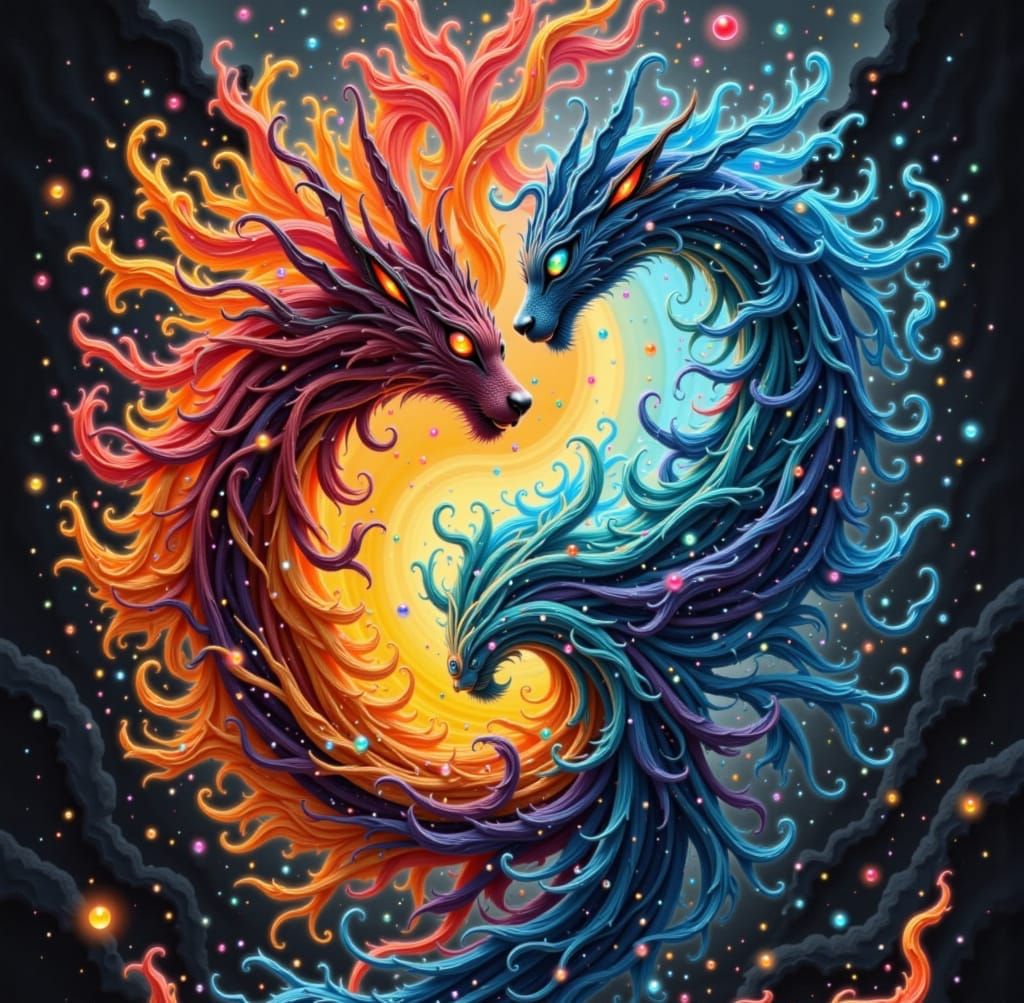 Yin Yang Fire and Water Creatures in Neon Style