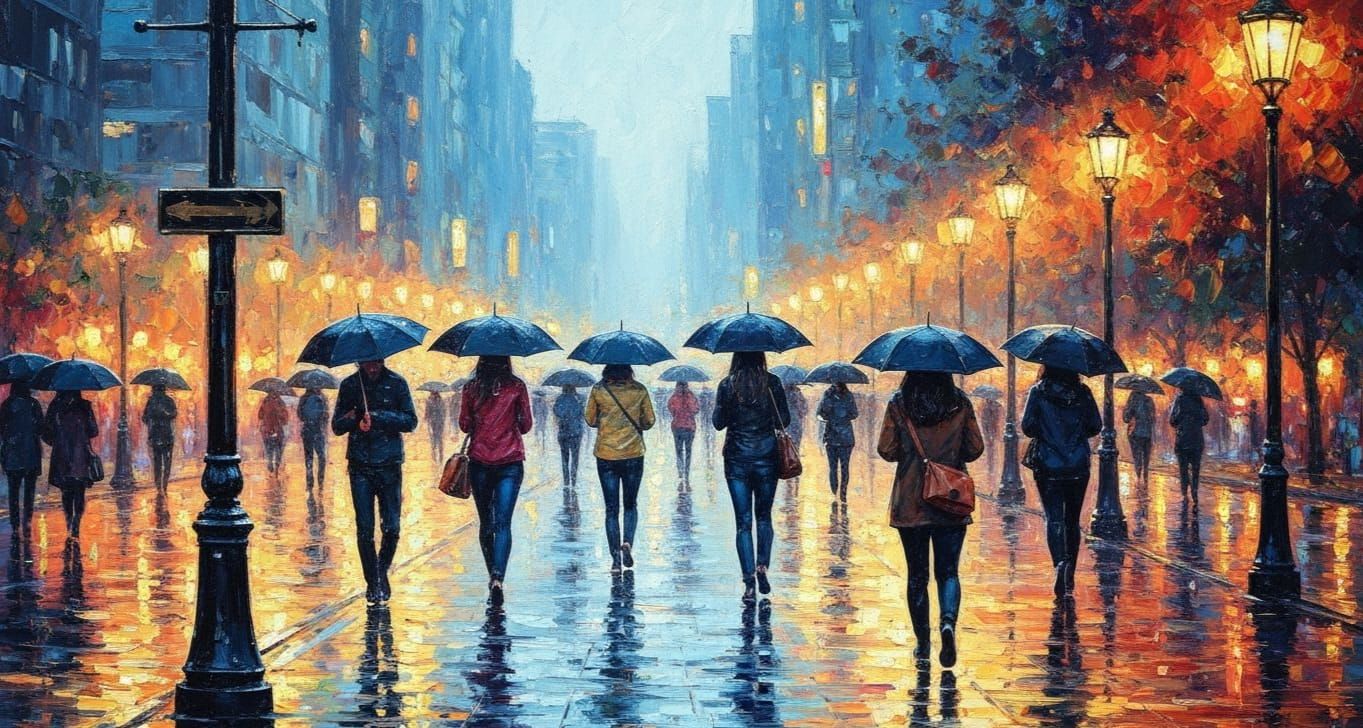Impressionist City Street Scene on Rainy Night