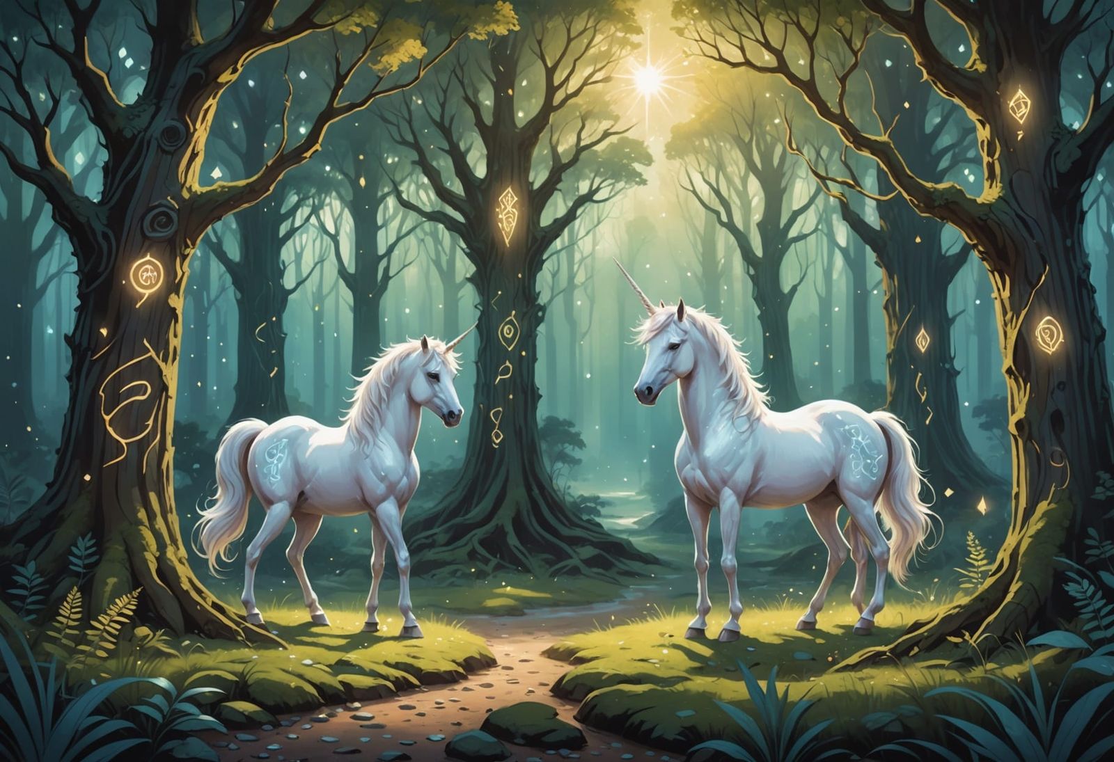 Ethereal Forest Clearing with Shimmering Portal and Unicorn