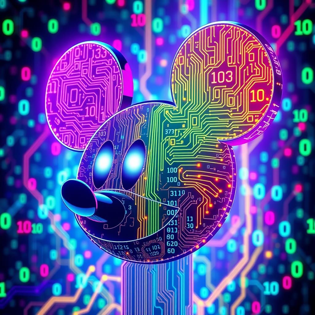 Mickey Mouse Circuit Board Art in Glitch Style