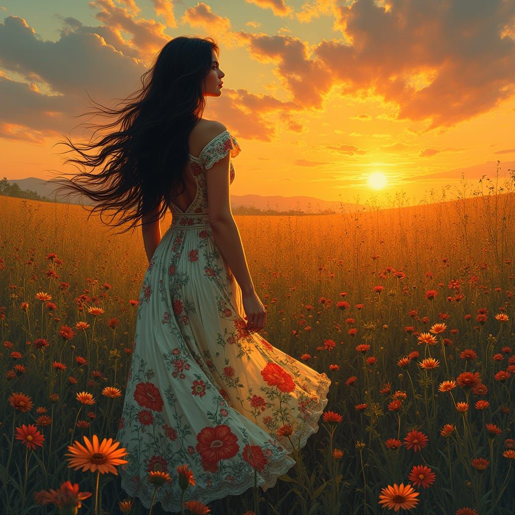 Art Nouveau Woman in Wildflower Field at Sunset