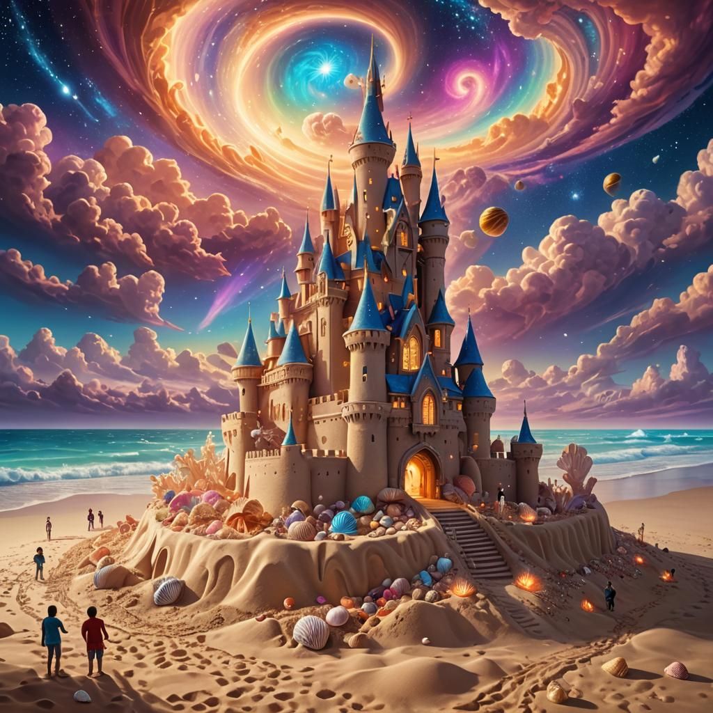 Giant Sandcastle Under Astral Aurora Sky