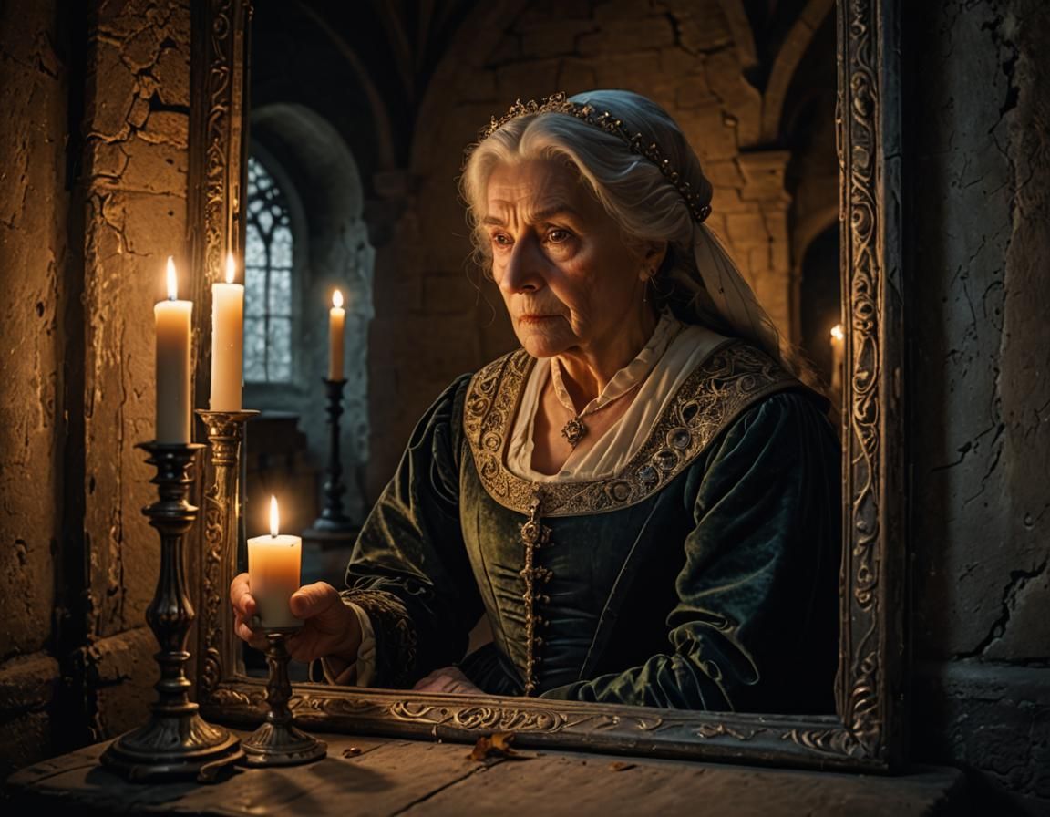 Medieval Lady's Reflection in Castle Bedroom