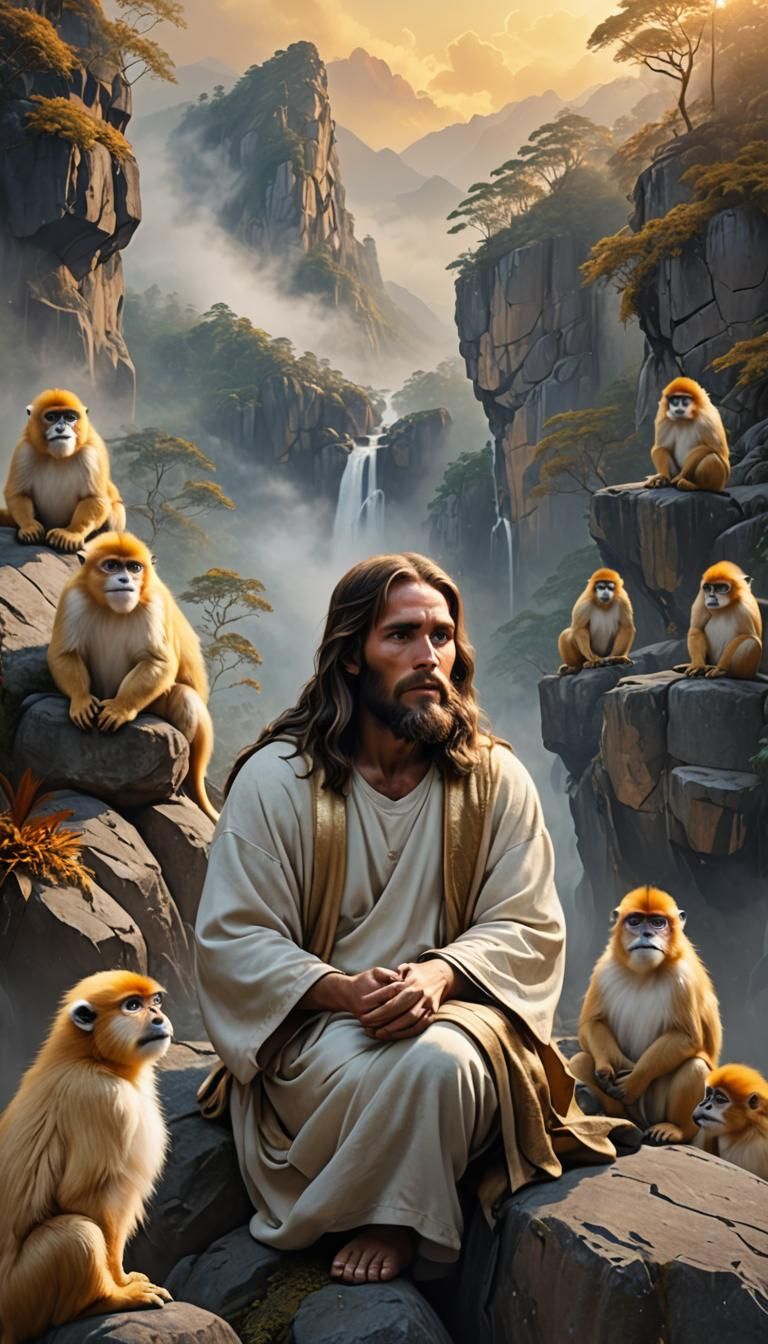 Jesus in Misty Mountains with Golden Monkeys