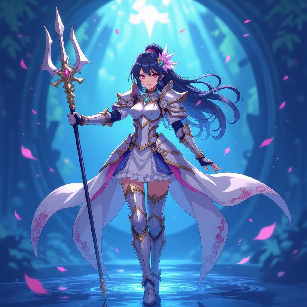 Magical Knight Girl with Trident in Anime Style