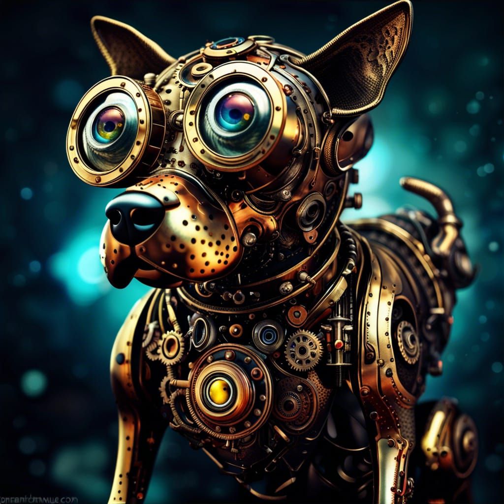 Detailed Steampunk Dog Robot Reflecting Universe
