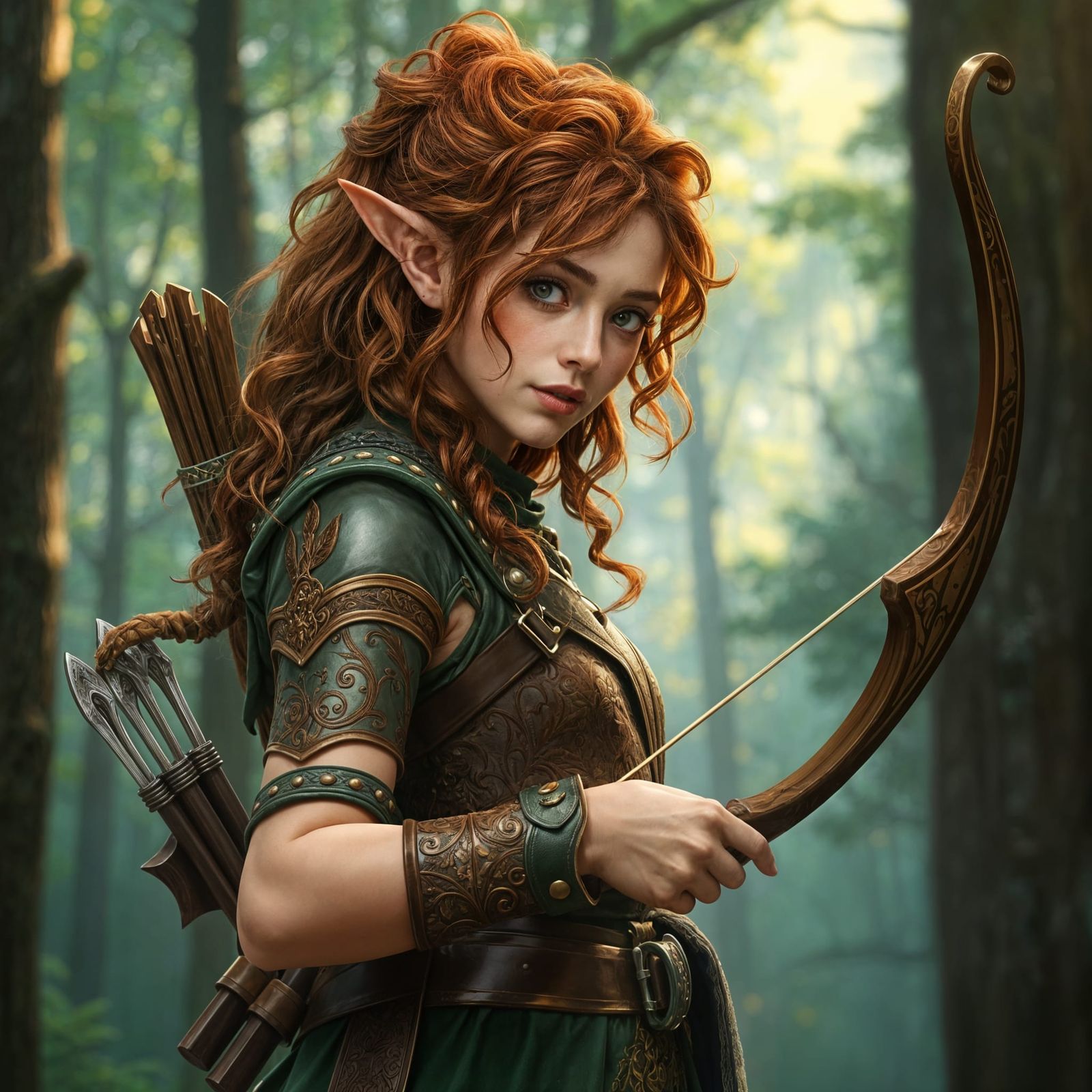 Elven Ranger in Lush Forest with Composite Bow